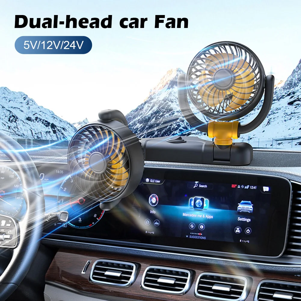 Car Fan Dual Head USB Or 12V/24V Dash Cooling Fan 2 Speeds Adjustable For Driver Passenger Auto Cooler Air Fan Car Accessories