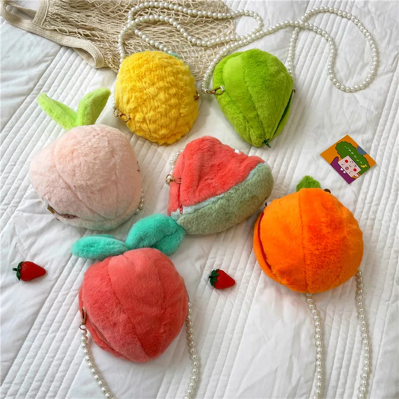 

Women Plush shoulder Bag 2025 girl Avocado Peach Fruit Bag Pearl Chain crossbody Bag