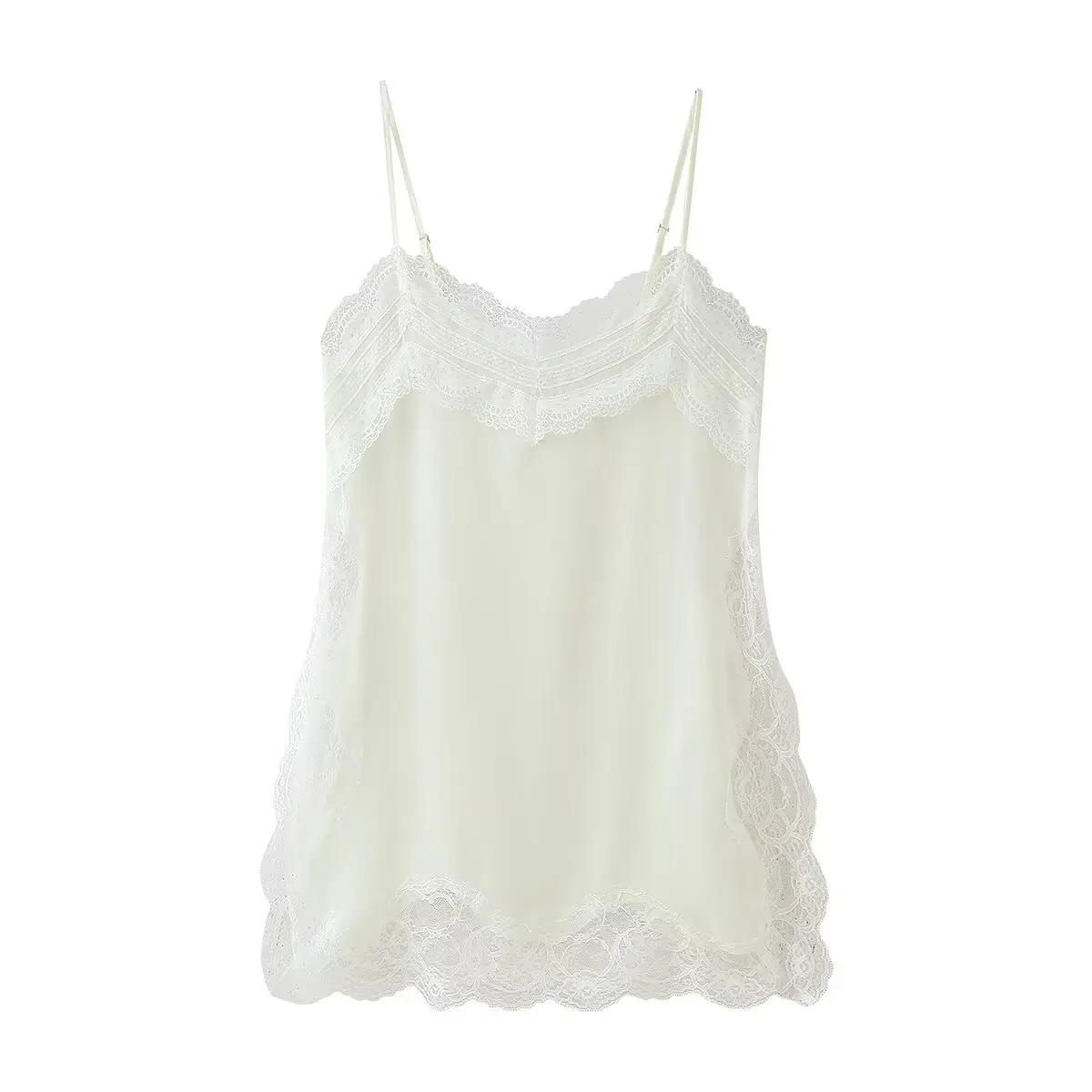

ZBZA Woman's Simple Sling Lace Splicing Slit Camisole V Neck Spaghetti Straps Slim Fit Backless Sling Top Summer Female Chic Top
