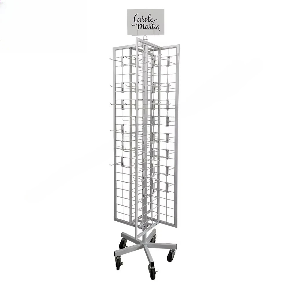 4-Way Rotating Display Stand with Wheels Metal Hanging Rotating Line Grid Display Stand