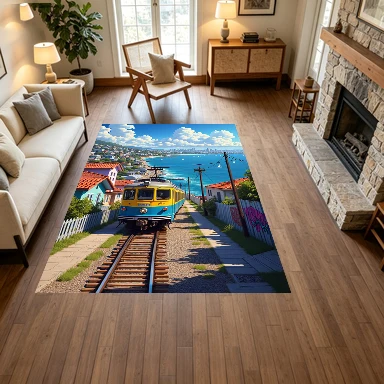 Yellow-Blue Coastal Train Anime Town Seaside View Carpet Flooring, Cartoon Ocean Scenery Non-Slip Area Rug for Living Room Bedroom Home Decor