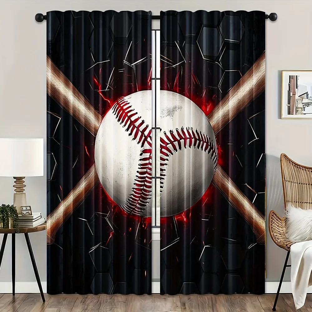 2pcs Baseball Bat Print Window Curtains - Black & Red Sports theme Window Drapes with Rod Pocket for Bedroom, Living Room, Offic