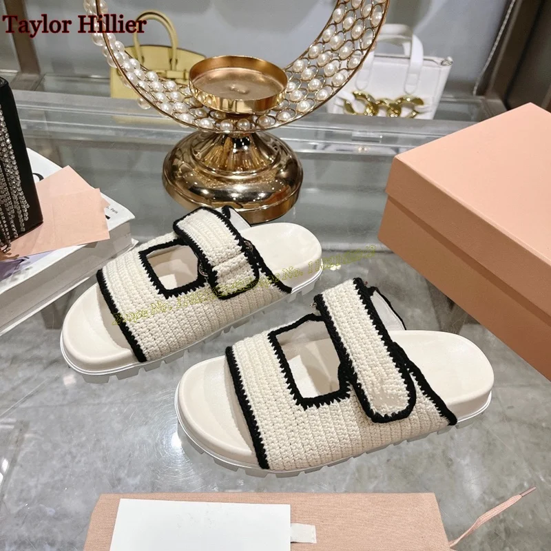 Summer Woven Thick-Soled Slippers Non-Slip Outer Wear Genuine Leather Sandals Women\'S Comfortable Color Matching Beach Shoes 40