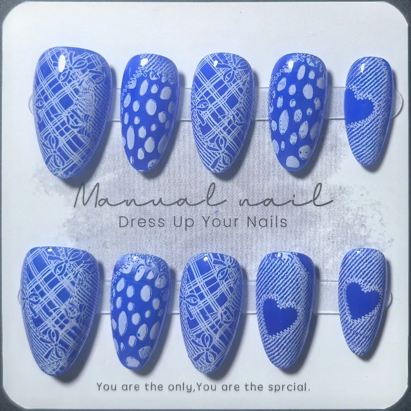 10pcs Almond Handmade Press on Nails Blue and White Porcelain Print Elegant Blue Acrylic False Nails Glossy Gel Manicure Set