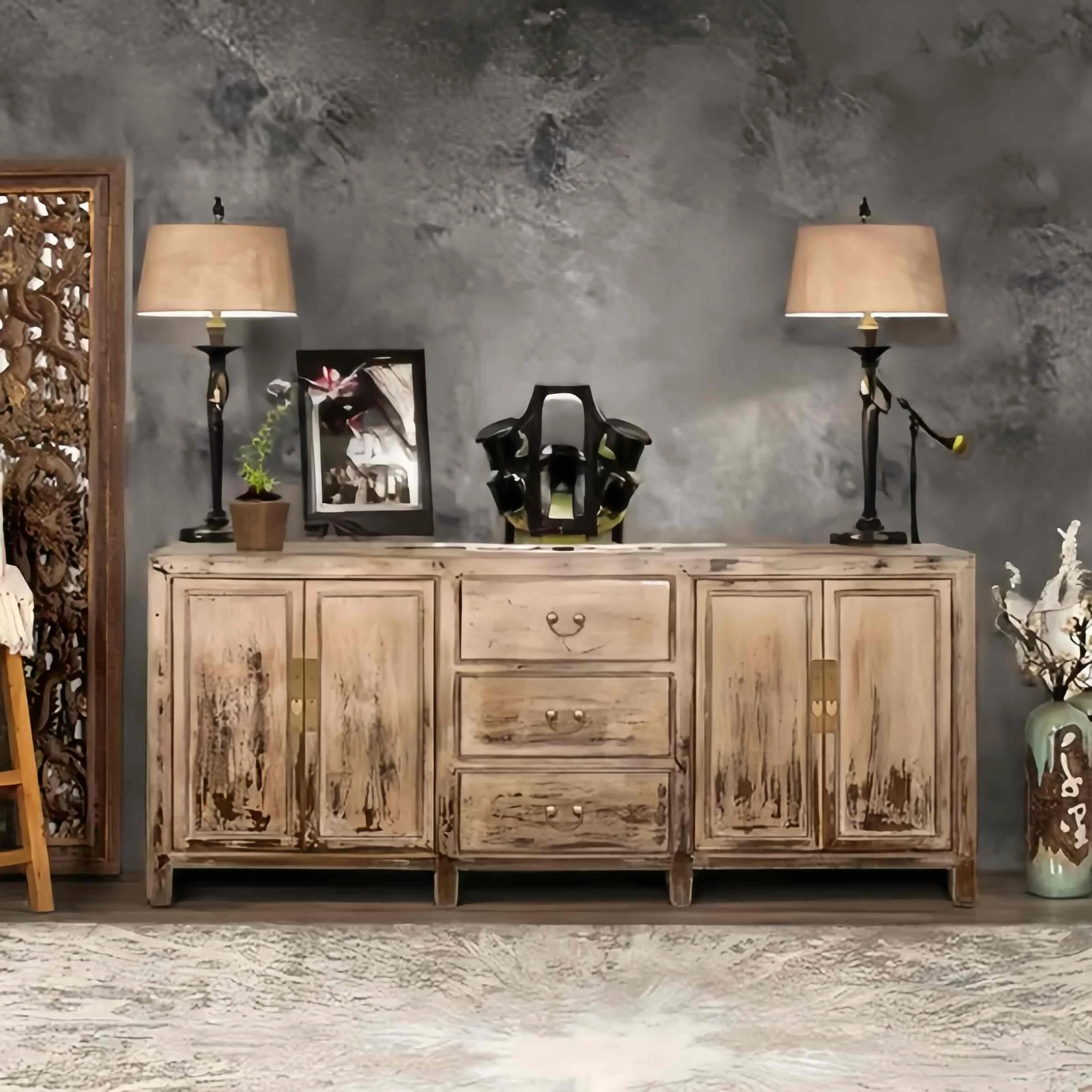 

❁w Antique c Chinese Style Solid Wood Multifunction Eco-Friendly Sideboard Distressed Finish Brass Pulls for Home Bar Dining o