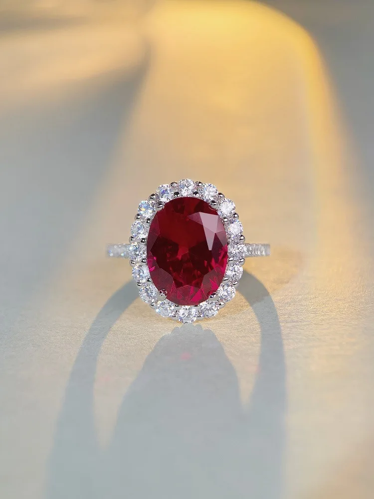Super Weißgold 18 Karat Ring ovale Form 8ct Rubin Verlobung sring für Frauen großes brillantes Geschenk für Mädchen Geburtstag rote Edelsteine Schmuck – Detail 2