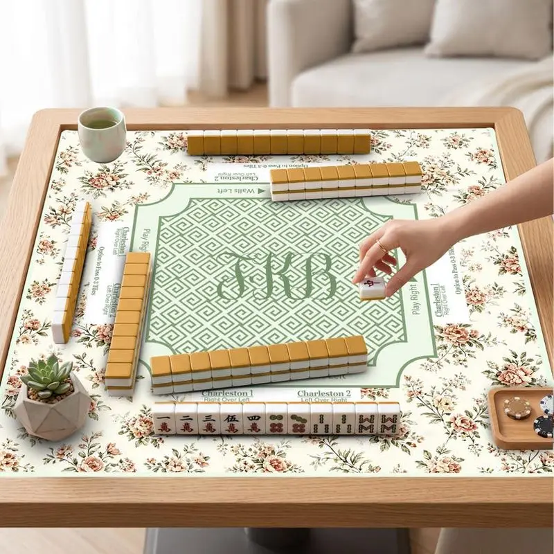VIKAMA Light Green Tiny Floral Mahjong Mat Geometric Zoned Silent Beginner American Mahjong Table Cover