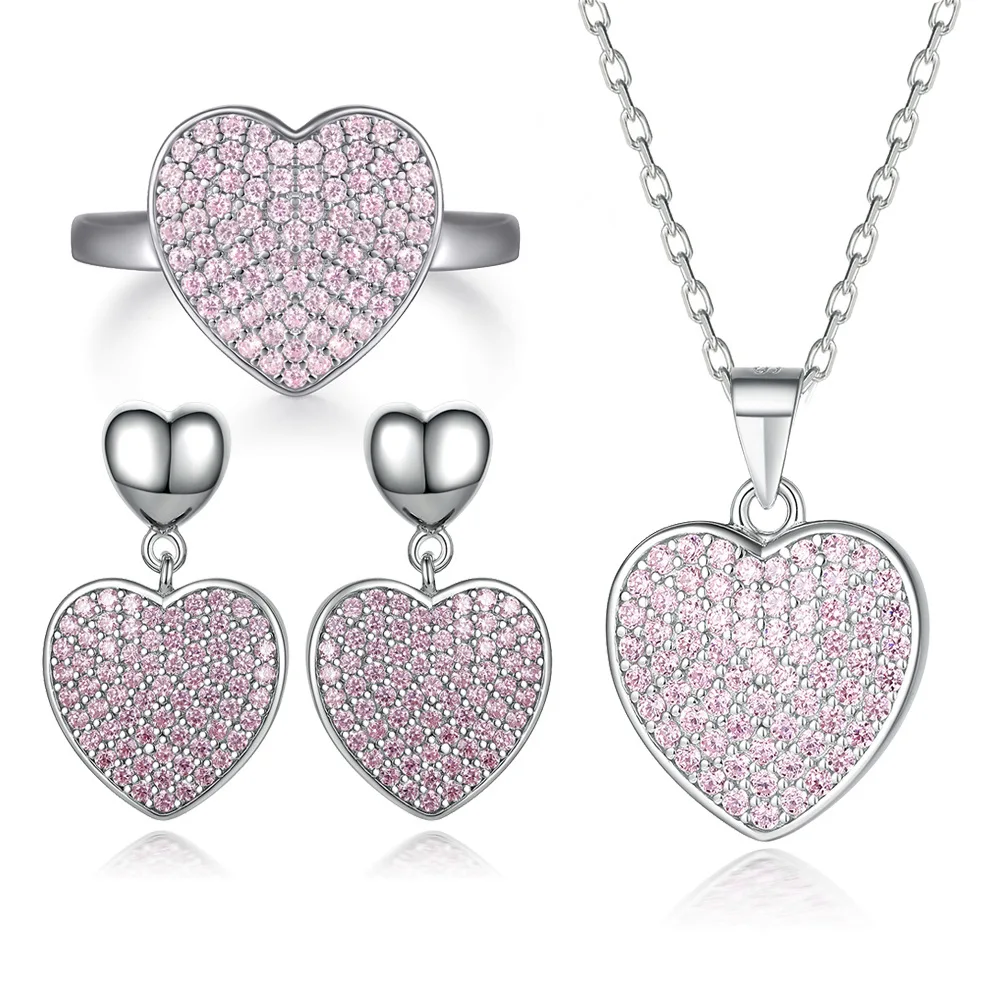 

18K gold PT950 platinum S925 silver 7-layer electroplated gold pink diamond heart-shaped pendant earrings love fashion set