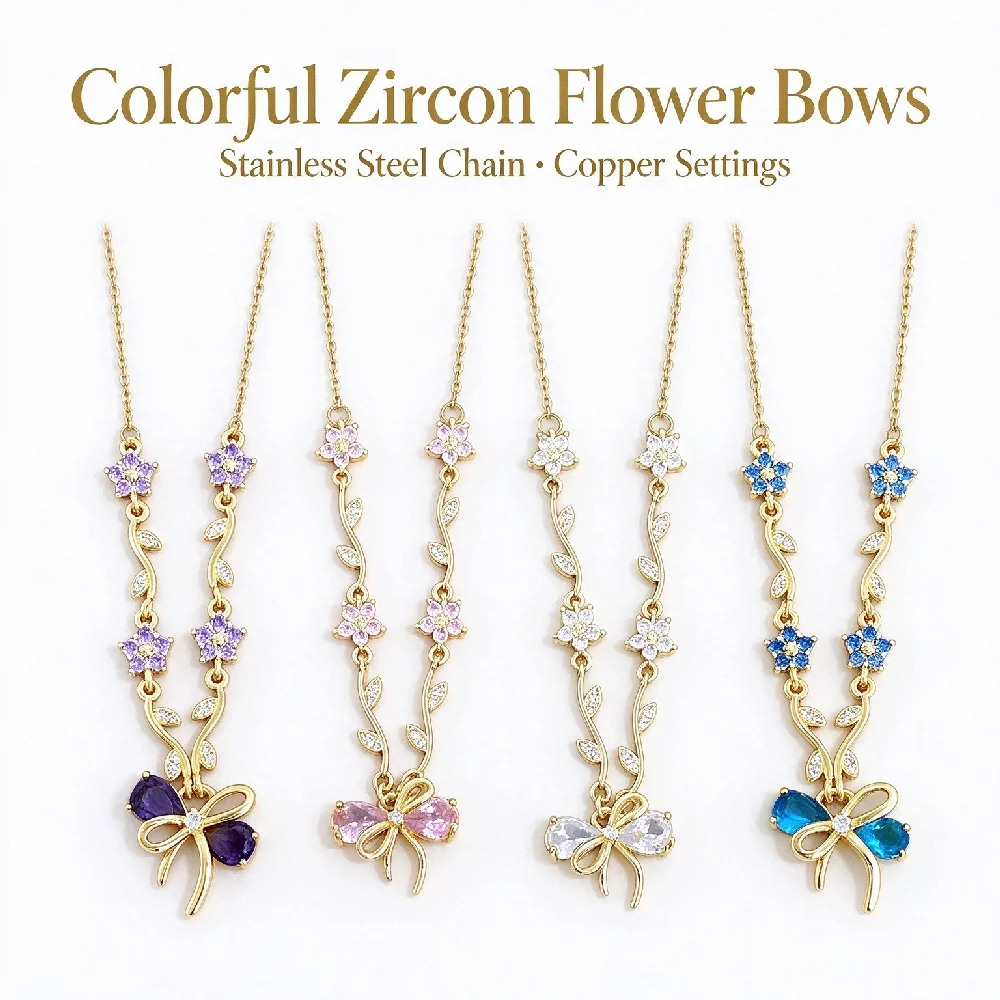 Greatera Brand Woman Four Color Dainty Stainless Steel Flower Vine Zircon Pendant Necklace Party Classic Waterproof Jewelry