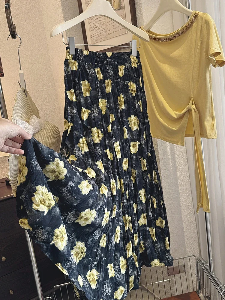 

Women Summer Holiday Floral Printed Skirt French Gentle Style Long Skirt Fashion Loose Beach Casual Skirts