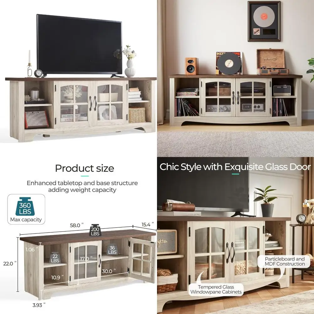 farmhouse tv stand for 65 inch tv, wood entertainment center with glass door storage cabinet & adjustable shelves, large sturdy