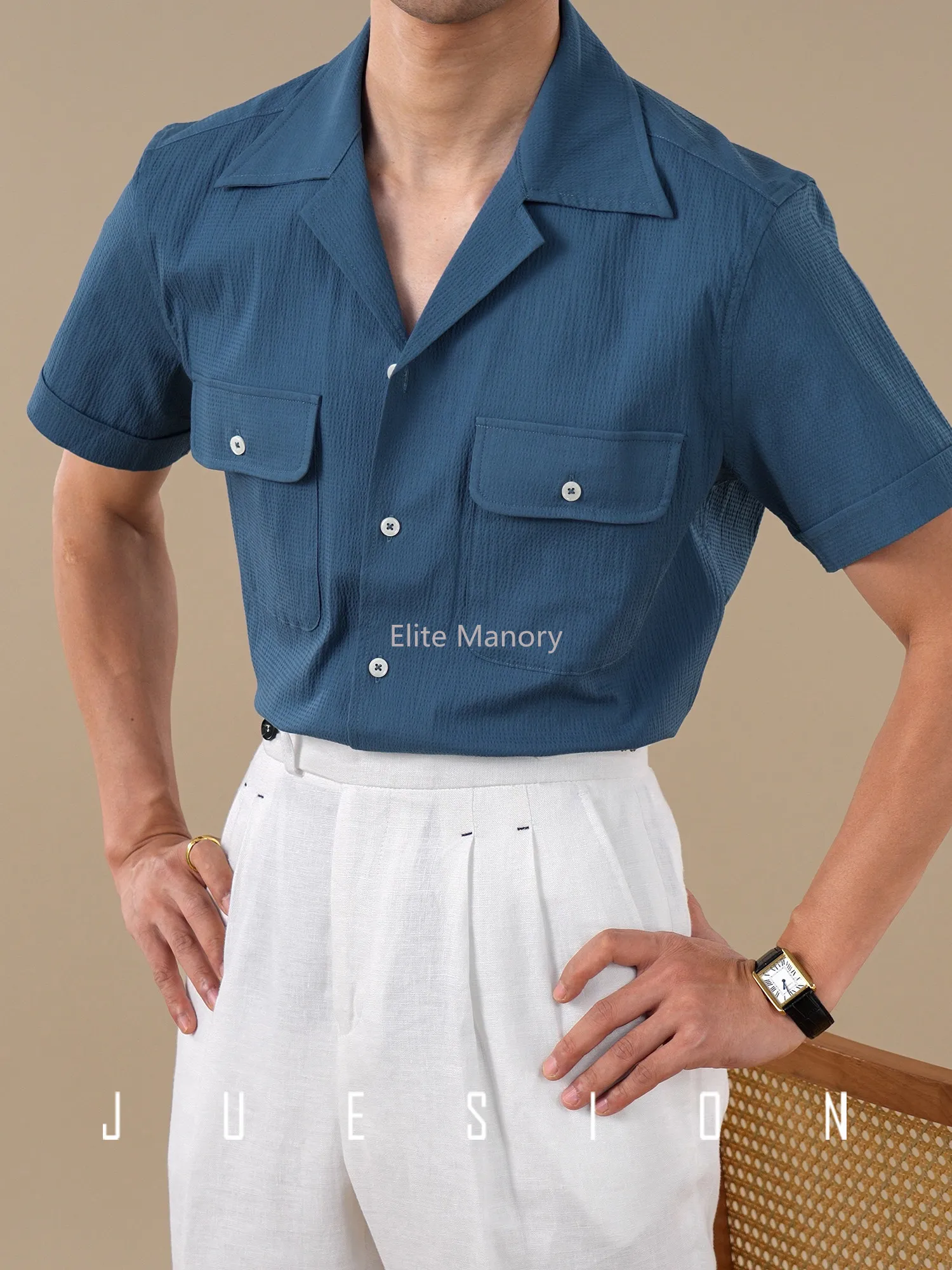 [97% Bubble Cotton] Summer Cuban Collar Short Sleeve Shirt Men's Thin Breathable Casual Shirt