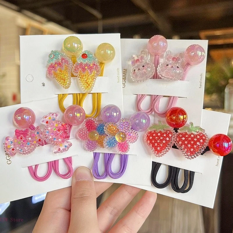 

2PCS Lovely Cartoon Strawberry Candy Girls Elastic Hair Bands Kids Princess Hair Accessories Children Hair Ties Baby Headwear