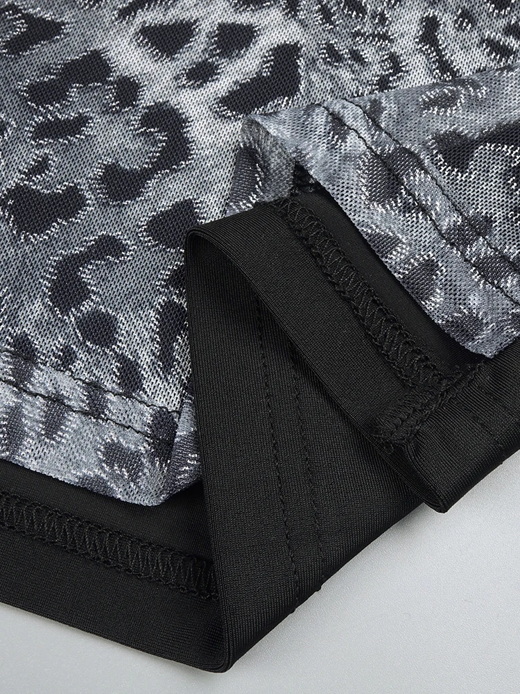 VC Abito a maniche lunghe con ritaglio leopardato nero a contrasto e collo a lupetto per abiti da sera da festa