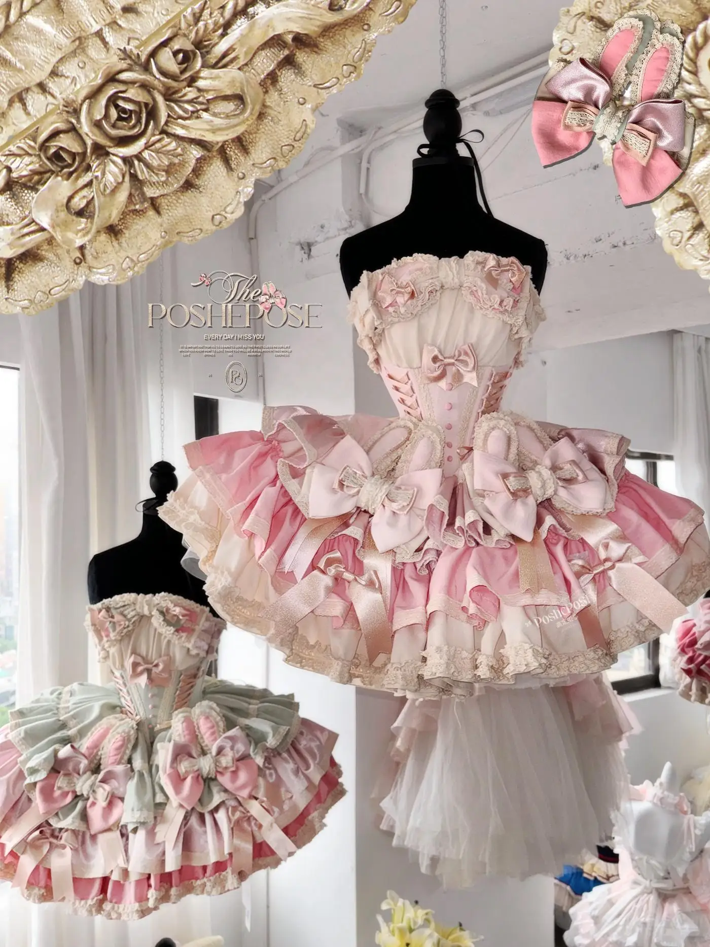 Originele hoge kwaliteit roze konijntje zoete prinsessenjurk schattige strik hoge taille lolita sets off-shoulder mouwloze mini gezwollen jurk