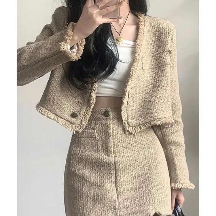 

Tweed Jackets Woman Cropped Womens Summer Safari Checkered Plaid Herringbone Grid Utility Pocket Canvas Casual Working Trendy OL