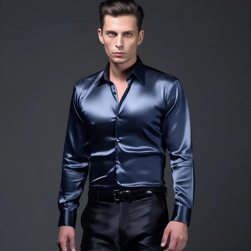 Spring and Autumn New Men's Shirt Solid Color Satin Nightclub Long Sleeve Shirt C30 Shirt for Men  Clothing