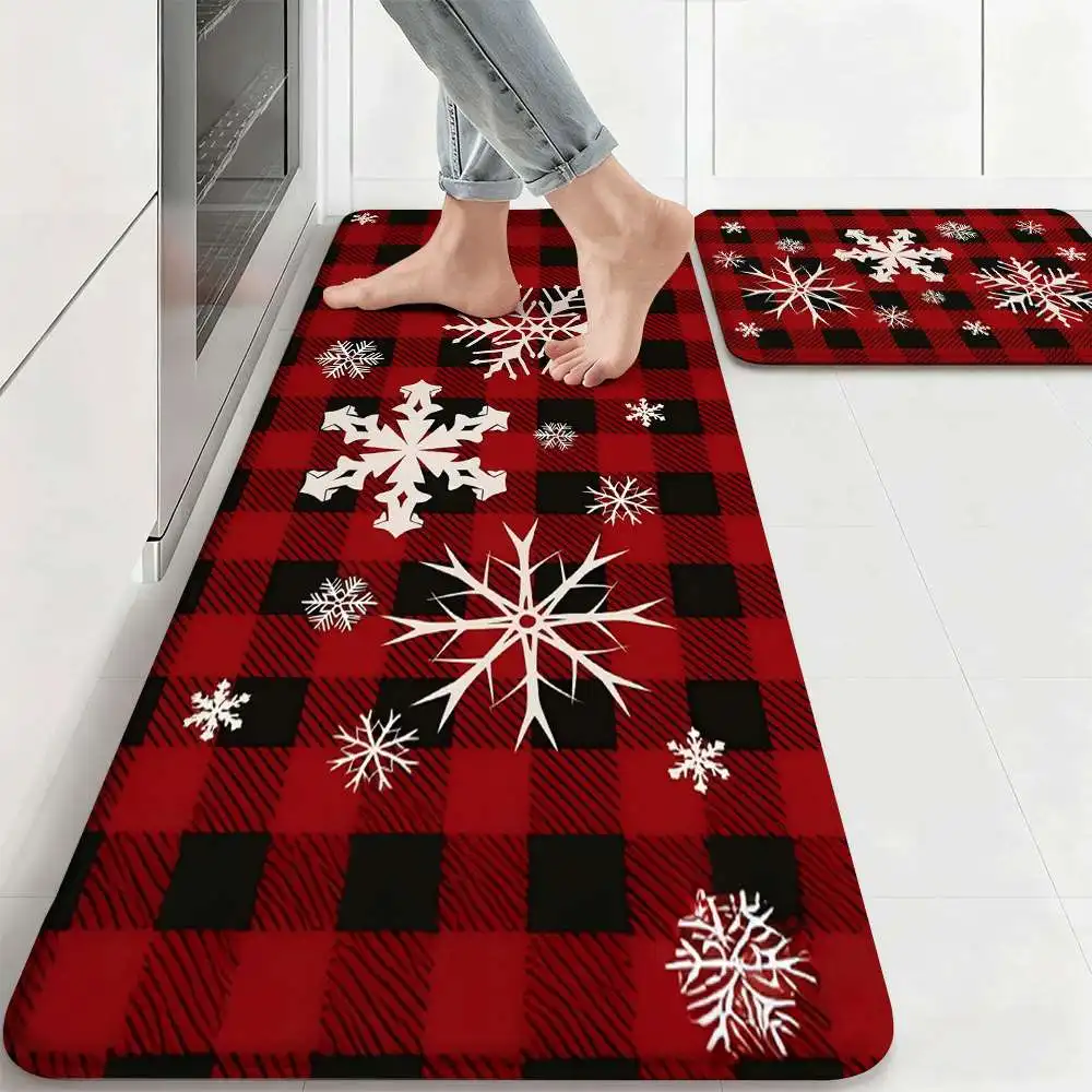 

Red and Black Plaid Snowflake Kitchen Floor Mat 3D Snowflake Pattern Non-slip Mat Wear-resistant Festival Floor Mat Home Decor