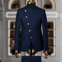 Fashion Stand Collar Men Suits 2 Piece Formal Single Breasted Smart Casual Outfits Solid Color Chic Wedding Party Slim Male Suit