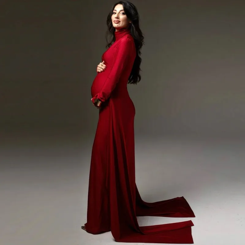 فساتين الأمومة للتصوير الفوتوغرافي برقبة عالية وأكمام طويلة وحزام مرقع عصري عالي المرونة بقصة ضيقة للنساء الحوامل #4