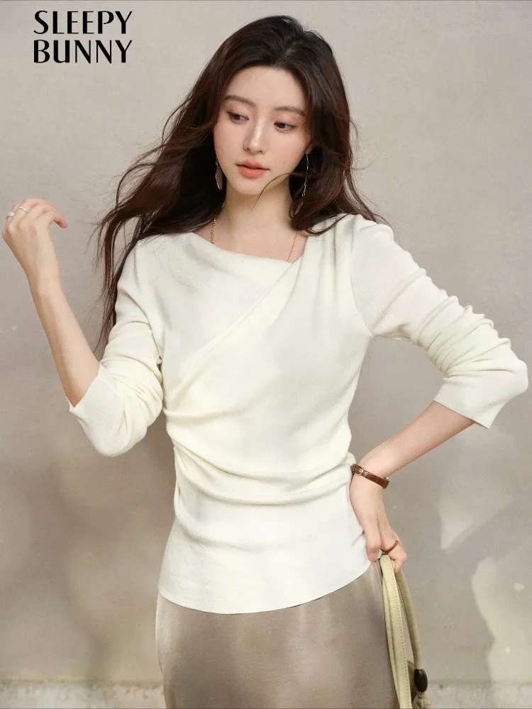 

Мягкий эластичный вязаный топ, женский асимметричный драпированный тонкий свитер, элегантный легкий пуловер с длинными рукавами, шикарный минимальный дизайн, осень