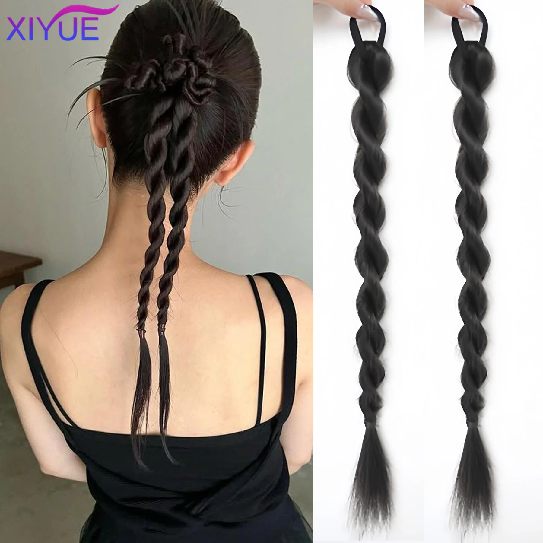 

XIYUE Matte High-temperature Hair Synthetic Wig Ponytail Fluffy Braided Hair Sweet Cool Girl Elastic Hair Loop Boxing Braid Wig