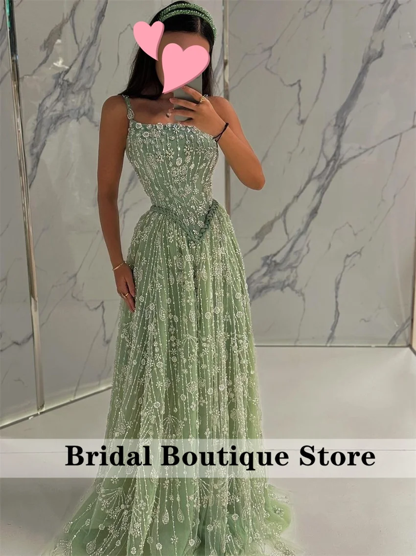 Elegant Sage Green Luxury Arabic Evening Dress for Women Wedding Party Spaghetti Straps 2025 Formal Prom Gown Customized image 2