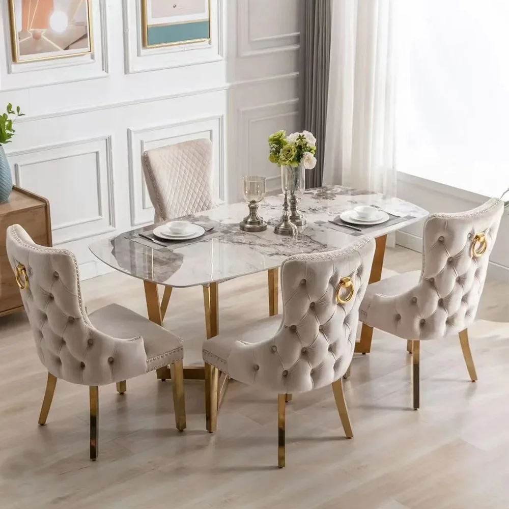 European Luxury Button Tufted Velvet Fabric Lion Knocker Modern Design Stainless Steel Legs Dining Room Sets of 6 Dining Chairs