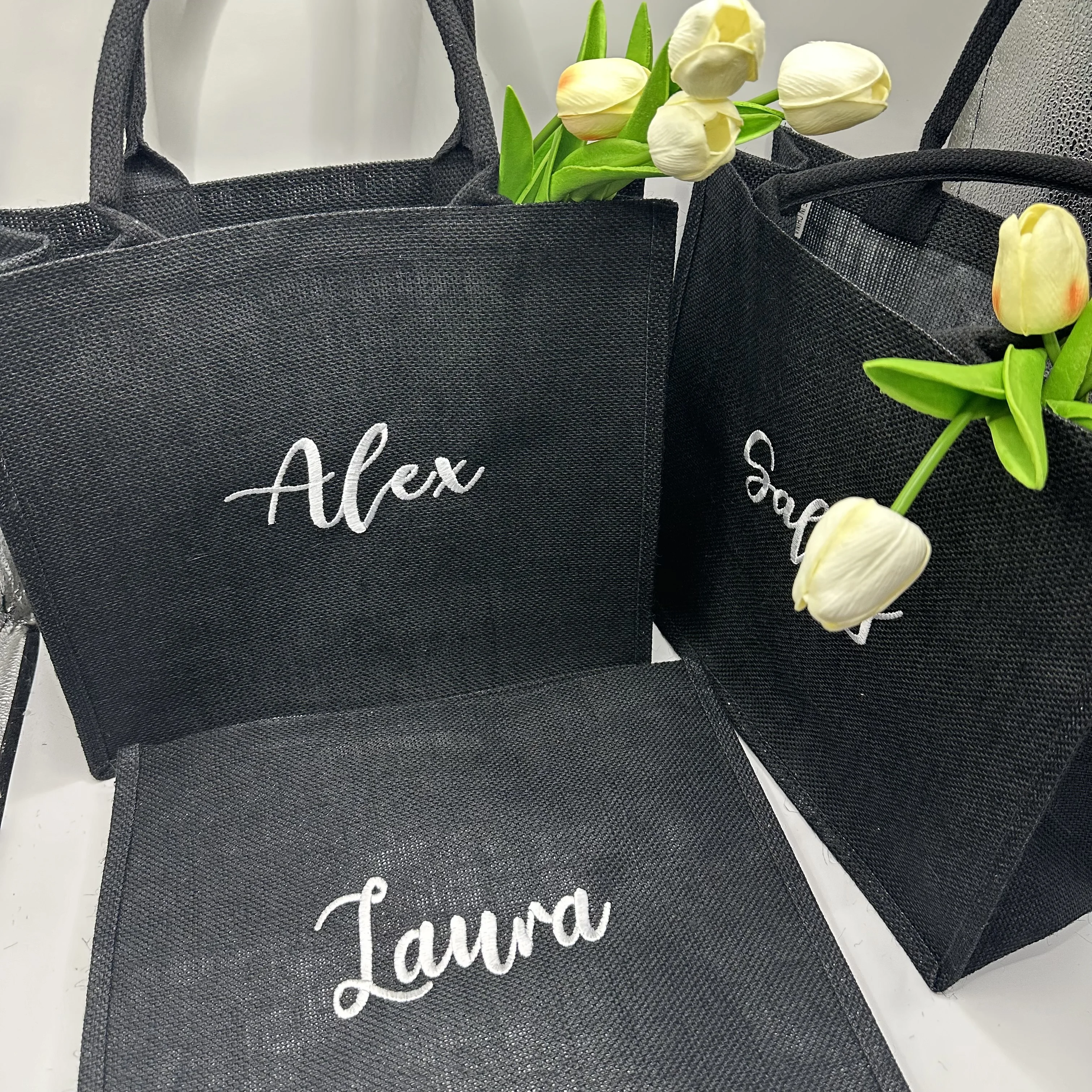 Personalized Custom Bridesmaid Gift With Black Linen Bag, Customized Name, Environmentally Friendly Shopping Bag