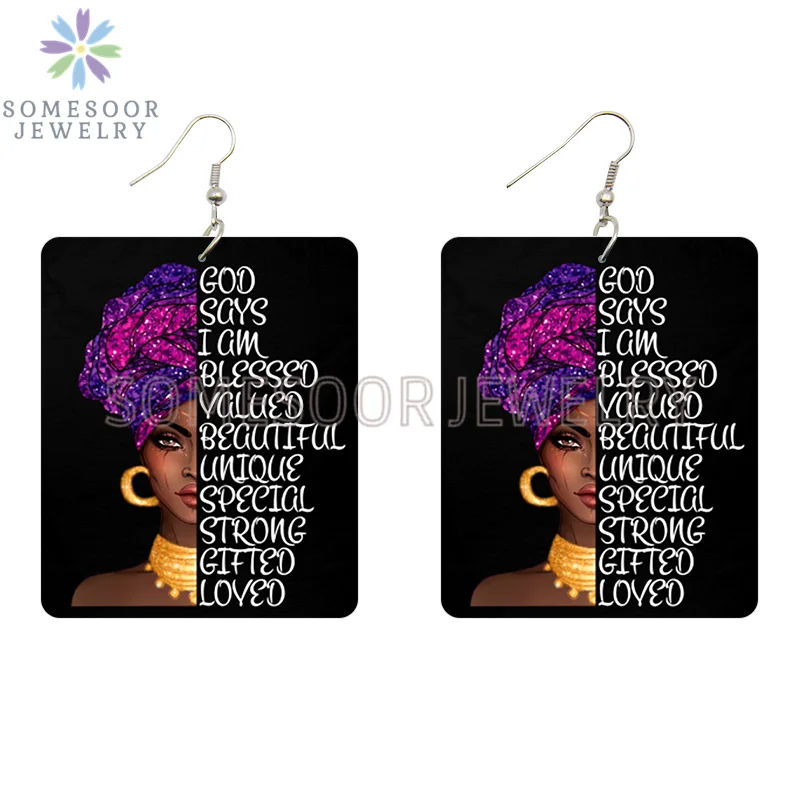 SOMESOOR Strong Melanin Queen African Wooden Drop Earrings Black Every Month Inspired Sayings Print Women Wood Dangle Jewelry image 2
