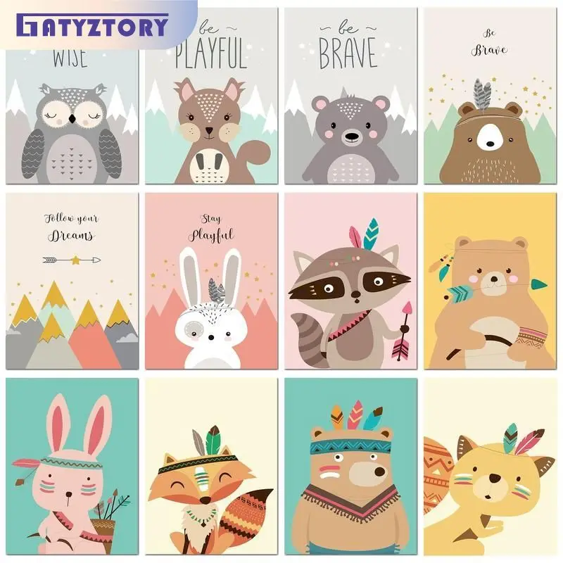 GATYZTORY Acrylic Paint Diy Painting By Numbers With Frame Cartoon Animals Coloring By Numbers Handicraft Unique Gift For Home D