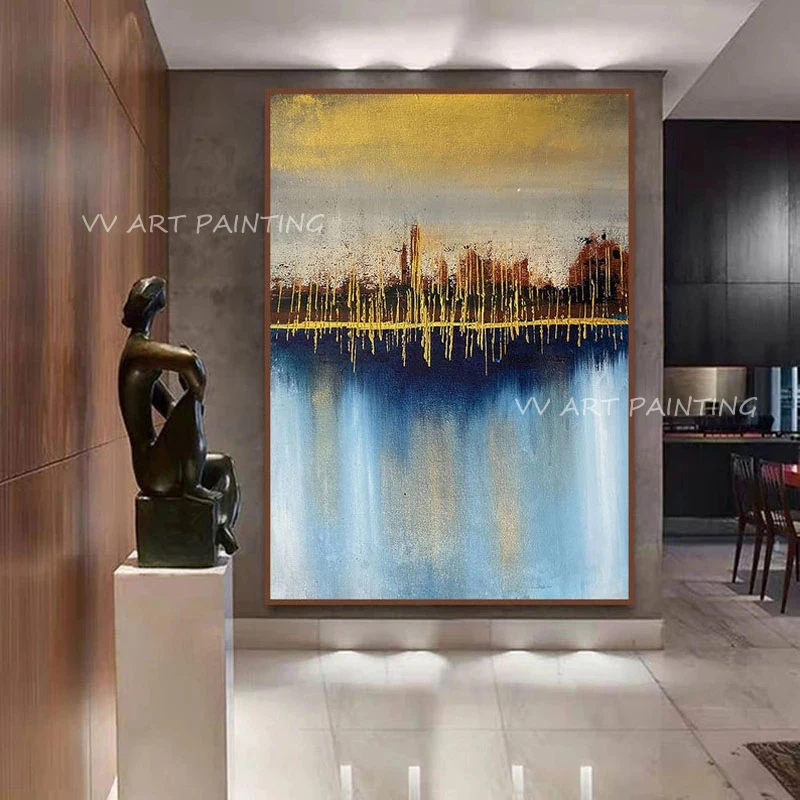 

100% Handmade gold foil ocean abstract artwork high quality large size modern Oil Paintings For Living Room Office Hotel Decor