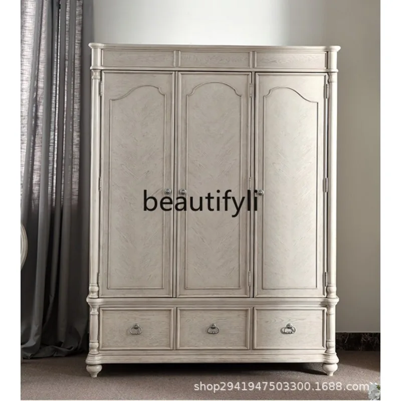 

American Style Solid Wood Wardrobe Vintage Carved Wardrobe Bedroom White Distressed Three-Door Wardrobe with Drawers