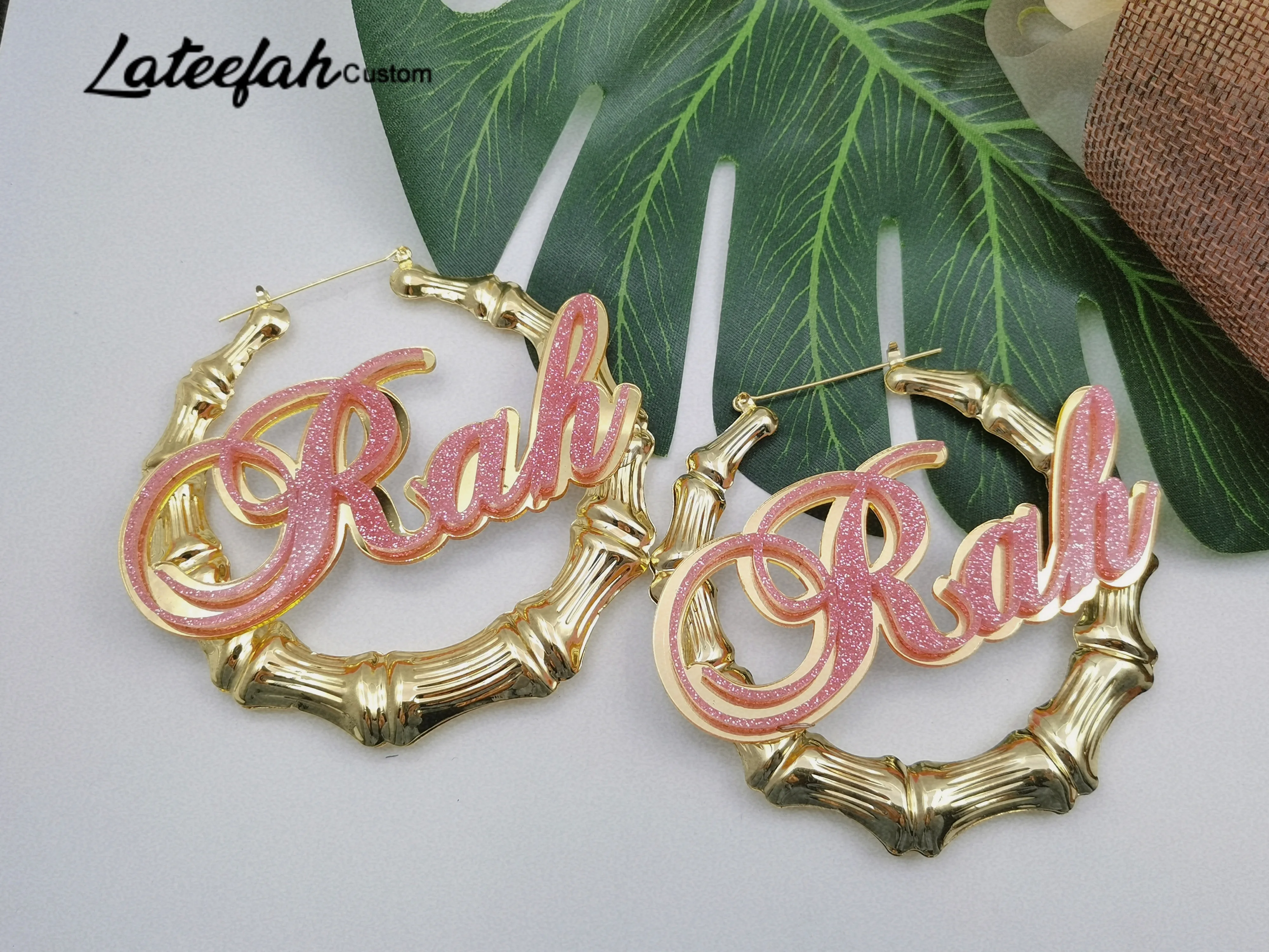 

Lateefah Trendy Custom Name Letter Earrings Personalized Bamboo Hoop Earrings For Women Custom Name Earrings Jewlery As Gift