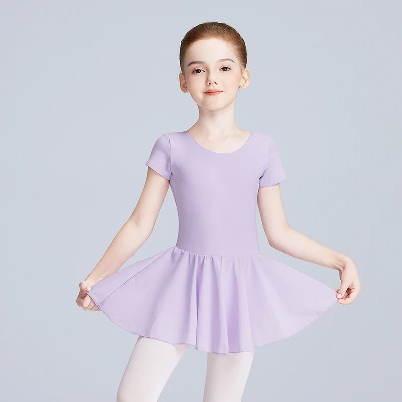 Girls Ballet Leotards Kids Round Neck With Lined Chiffon Tutu Short Sleeve Dress Gymnastics Dancewear Costumes