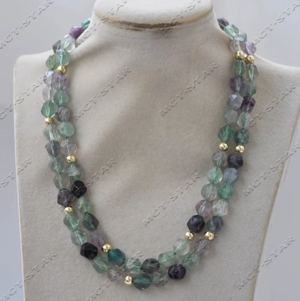 Z13465 Set 2row 10mm Natural Green Purple Faceted Cube Fluorite Necklace Bracelet Rose Custom Jewelry