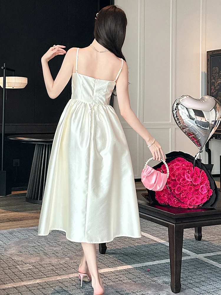 Frauen Französisch Stil Party Kleid für Frau Nette Strap Backless Swing Ballkleid Weibliche Club Robe Elegante Falten Vestidos
