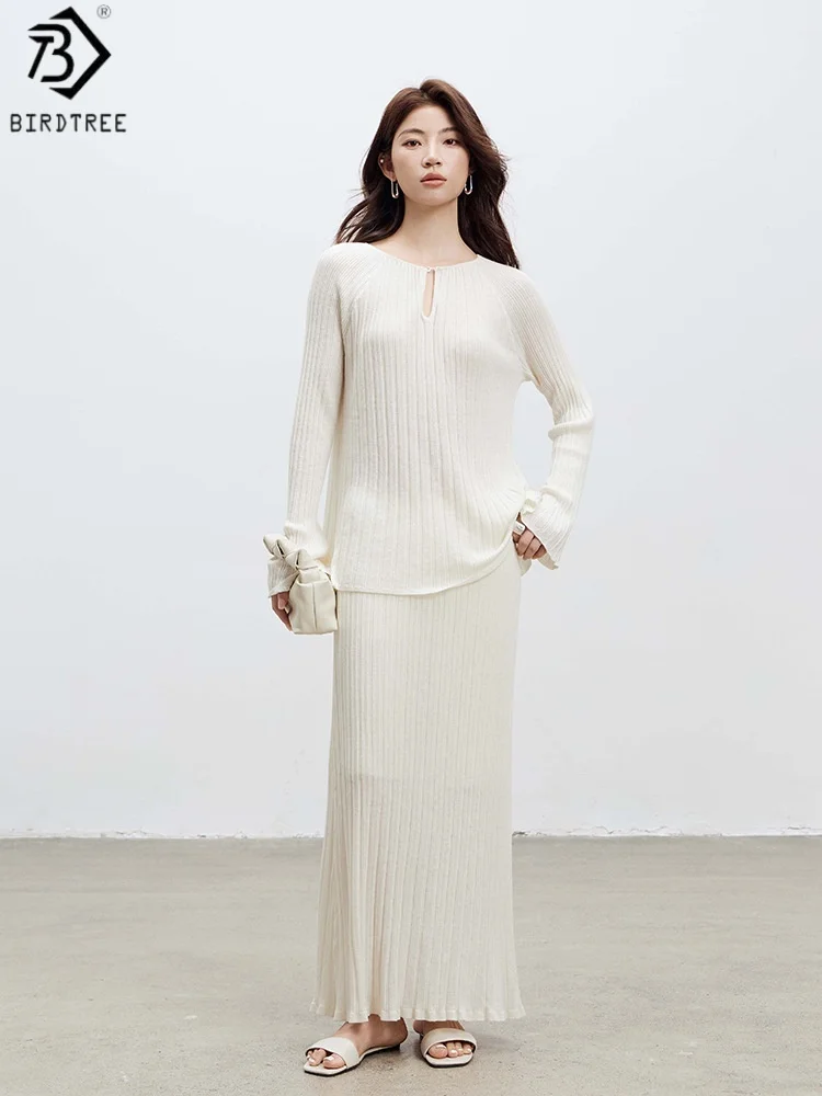 

Birdtree 32.4% Sheep Wool 22.8% Acrylic Knit Skirt,Women Wool Blend Autumn Commute Style Soft Lengthening Dresses D58609JF