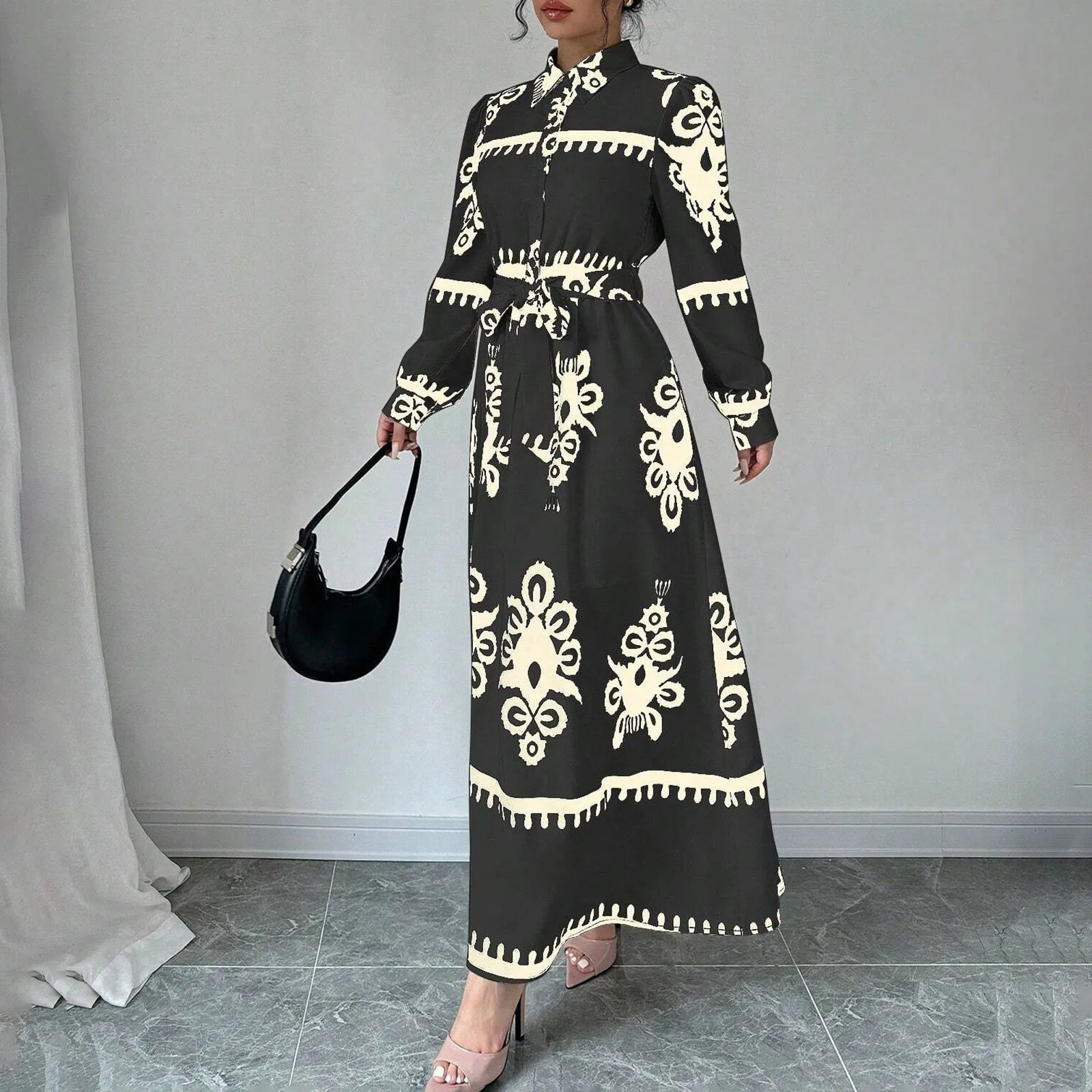 Damska sukienka z długim rękawem, z klapami, zapinana na guziki, obcisła, seksowna, na imprezę do klubu nocnego, z paskiem, w stylu bohemy, letnia sukienka damska, sukienka w kwiaty.