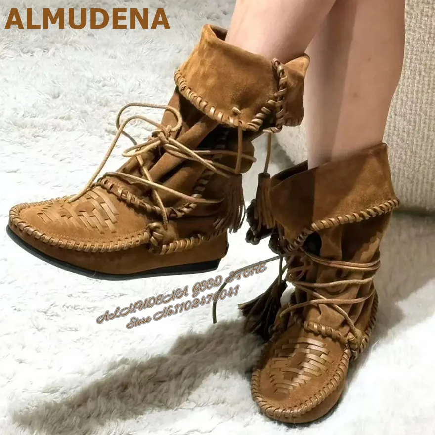 ALMUDENA Brown Suede Braided Flat Mid-Calf Boots Turn-Over Plaited Fringe Lace-Up Middle Boots Retro Stylish Outside Shoes