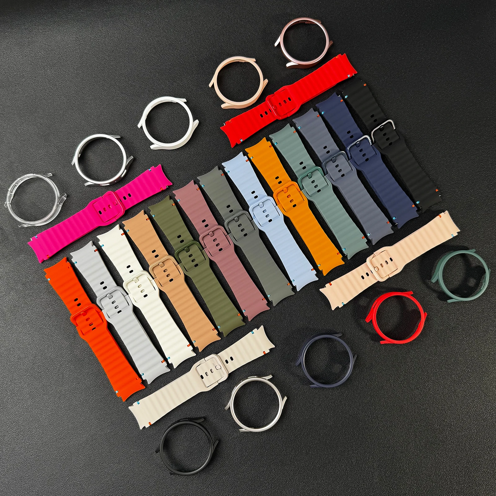 2PCS ,Set Wave Stitched Silicone Watch Band + Half Wrap Case Compatible with Samsung Galaxy Watch 7/6（40/44mm）/5（40/44/45mm）