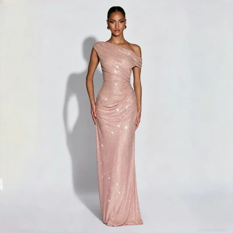 Elegant One Shoulder Sequins Party Dress Chic Sexy Backless Fold Design Slim Fit Female Long Gown 2026 NEW Party Evening Outfits