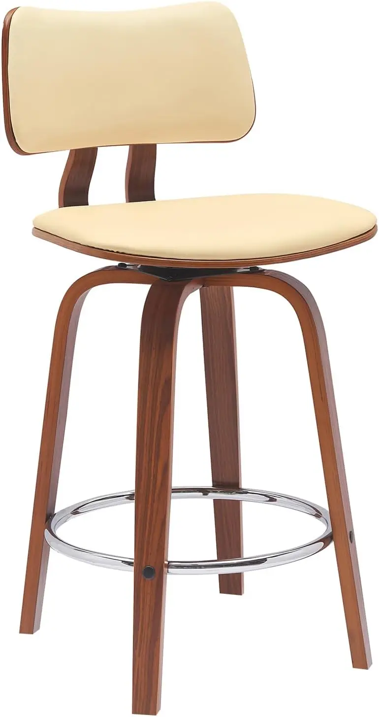 

Pico 26"" Seat Height Mid Modern Swivel Walnut Wood Bar Stool For Kitchen Island Counter In Cream Faux Leather With