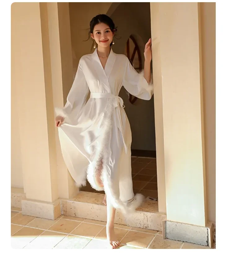 Luxury Women Satin Home Dressing Gown Intimate Lingerie Feather Bride Wedding Floor Length Robe Casual Sleepwear KimonoNightwear