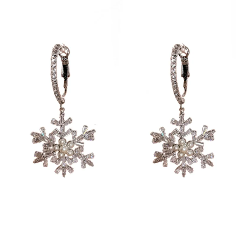 Korean Silver Needle Zirconia Snowflake Pearl Drop Earrings For Women Christmas New Year Jewelry Earrings Gifts Party