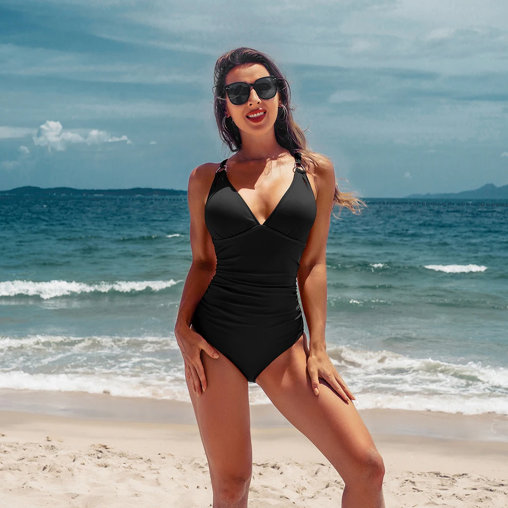 Anfilia feminino maiô de uma peça moda sexy profundo decote em v alta corte ruched monokini cor sólida backcross banho