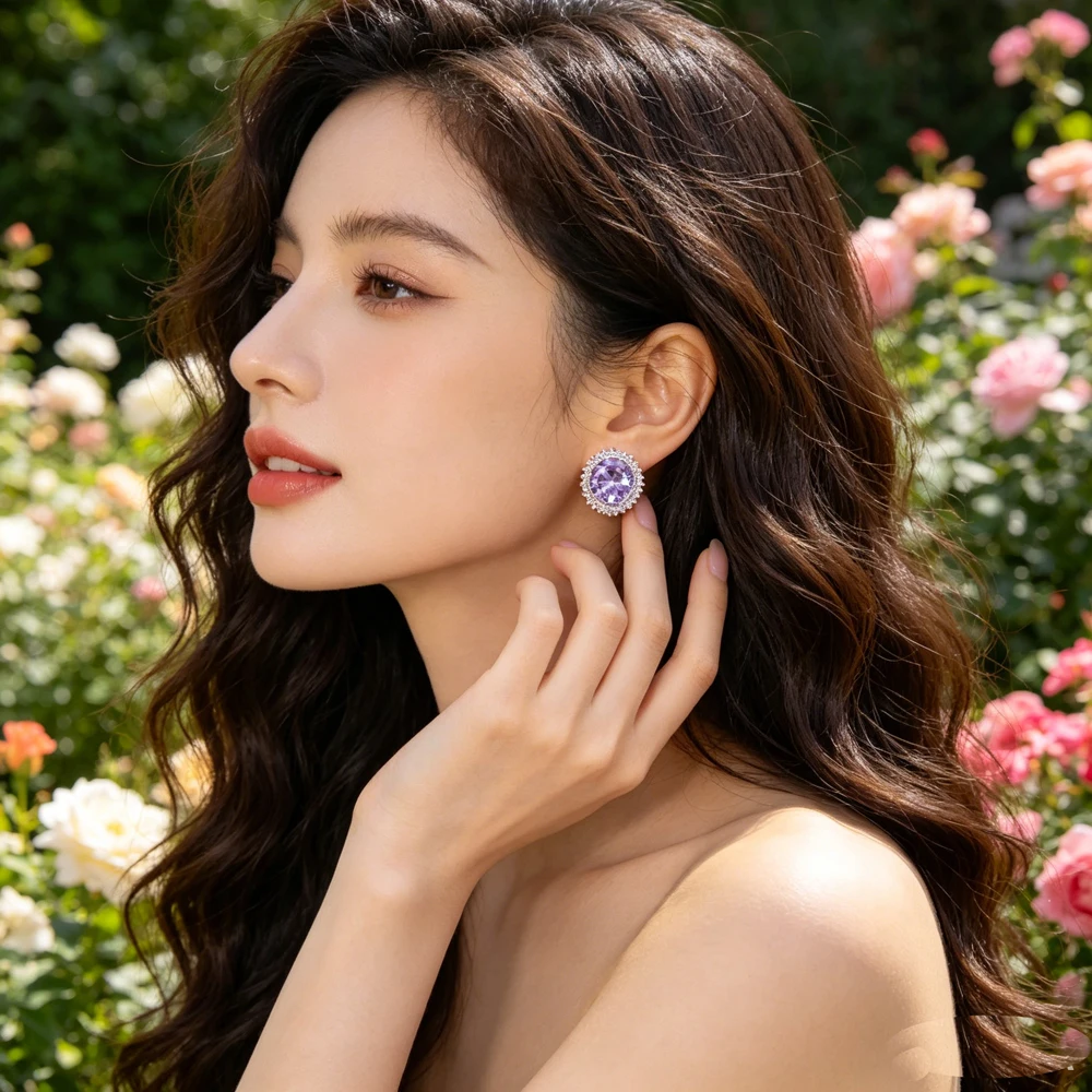 

Women French Style Amethyst Rose Quartz Citrine Stud Earrings Exquisite Zirconia Round Charm Ear Jewelry For Daily Wedding Party