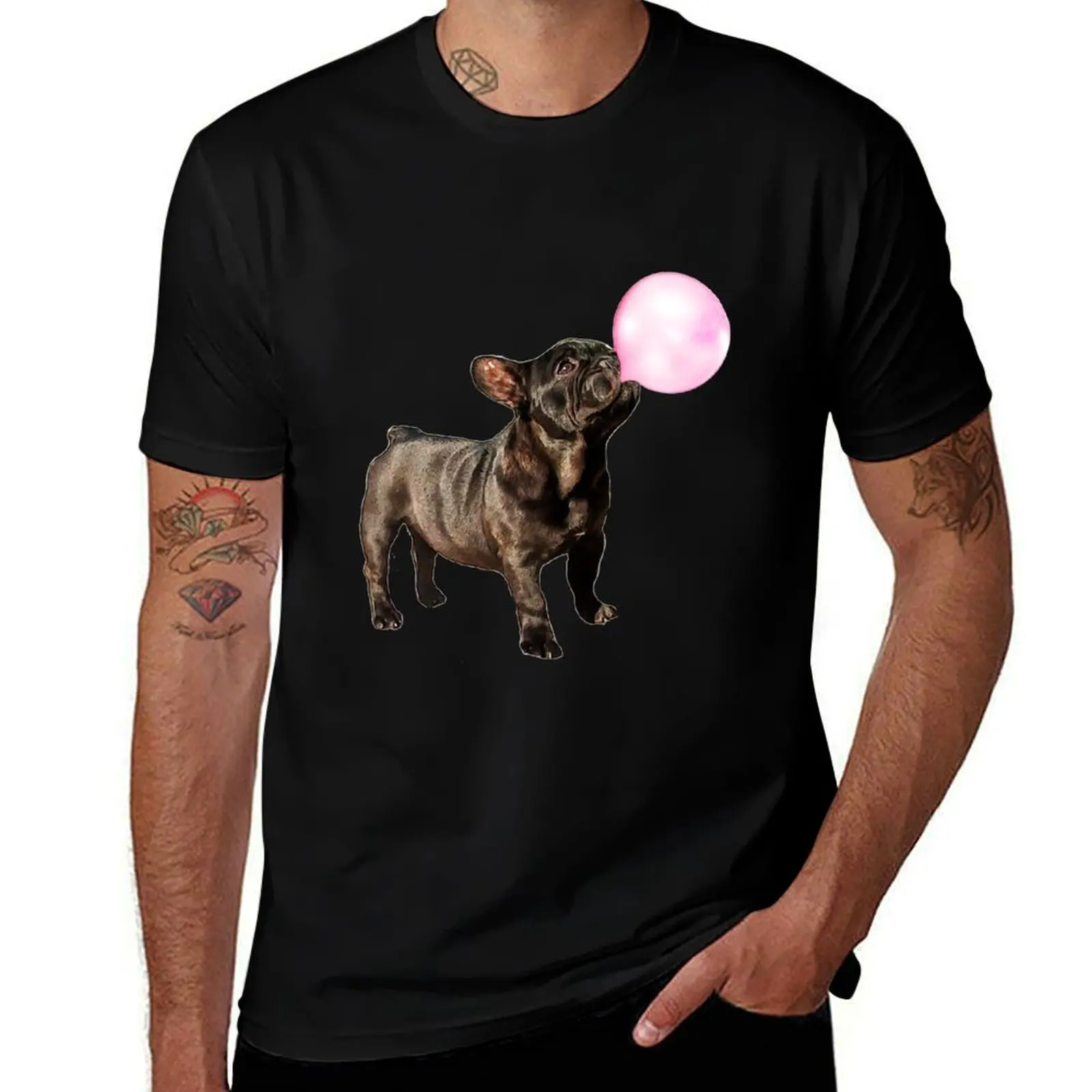 Camiseta de perro bulldog Francés y chicle rosa, camiseta de perro francés fresca y divertida, camiseta de anime con estampado personalizado