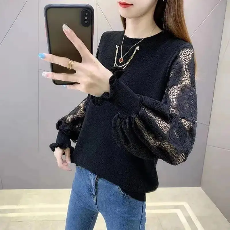 Fashion Lantern Sleeve Spliced Lace Hollow Out Sweaters Female Clothing 2022 Autumn Casual Pullovers Tops Loose Korean Sweater