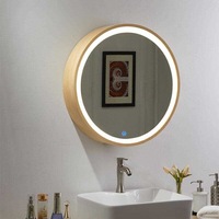 Frame Round Mirror Bathroom Makeup Mirror with Light Wall Mounted Lighted Vanity Wooden Dressing Mirror Dimmable Touch Switch